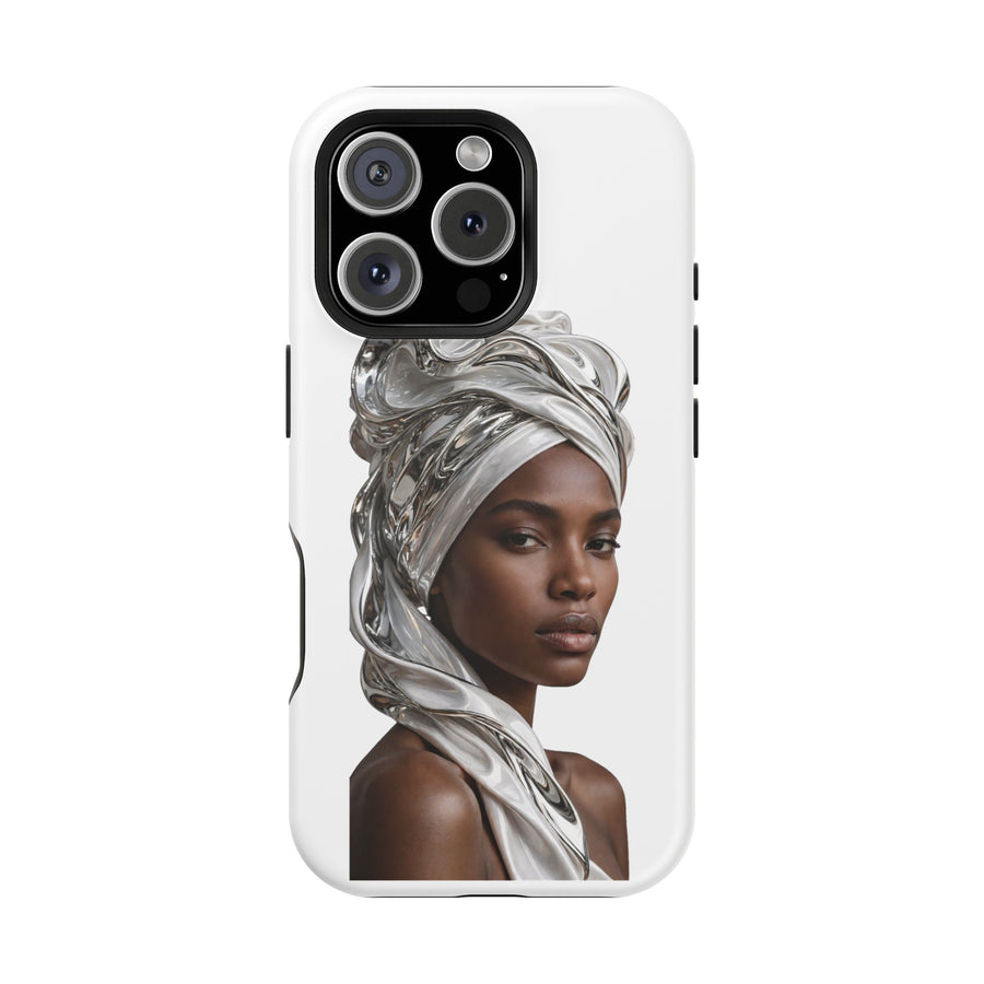 Magnetic Impact-Resistant Phone Case — Elegant Portrait with Silver Headwrap - PRINT EXPLORE
