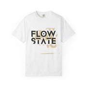 White t-shirt with 'FLOW STATE' text on a white background