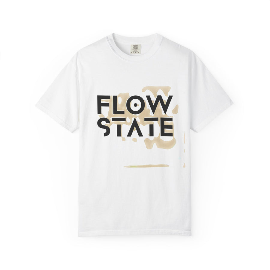 White t-shirt with 'FLOW STATE' text on a white background
