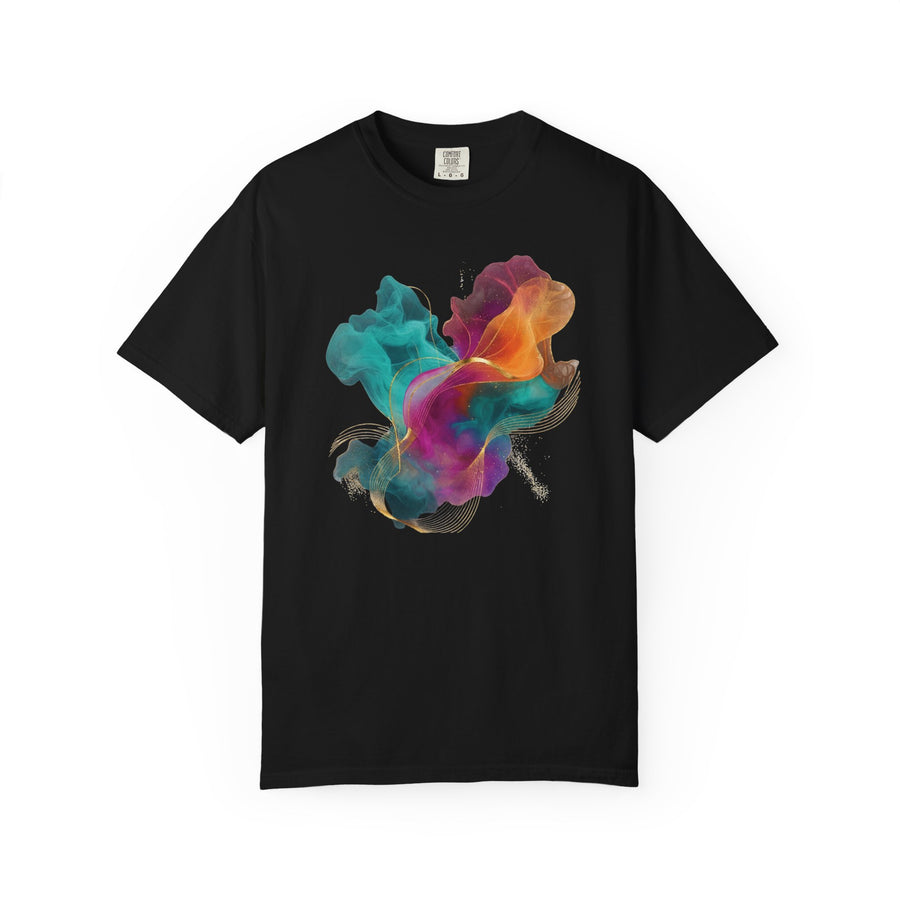 A black short-sleeve crewneck t-shirt featuring a vibrant, multicolored abstract smoke or ink splash graphic on the chest, displayed against a solid white background.