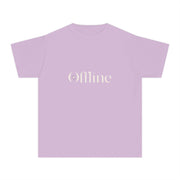 A light purple short-sleeve t-shirt with the word 'Offline' printed in a cream-colored serif font across the chest, set against a plain white background.
