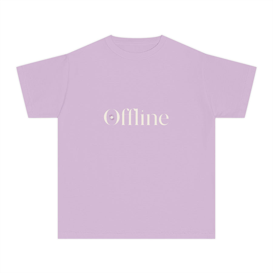 A light purple short-sleeve t-shirt with the word 'Offline' printed in a cream-colored serif font across the chest, set against a plain white background.