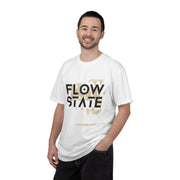 Man wearing a white t-shirt with text on a white background