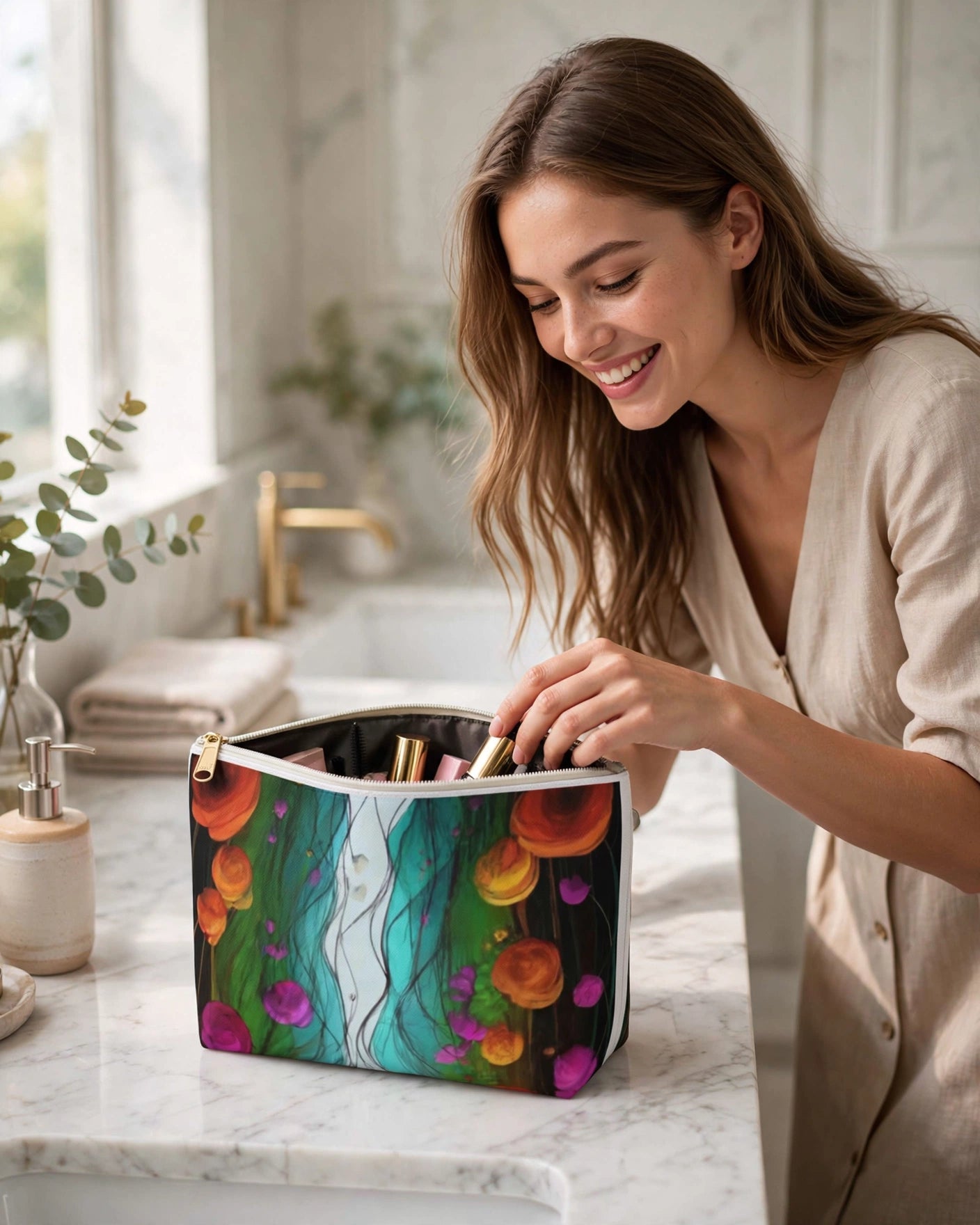 Midnight Bloom Botanical Art Pouch | Floral Makeup & Travel Organizer - PRINT EXPLORE