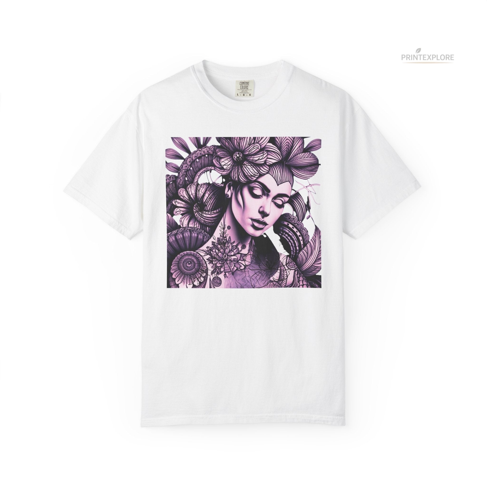 artfull portrait-women's graphic tees, white front view.